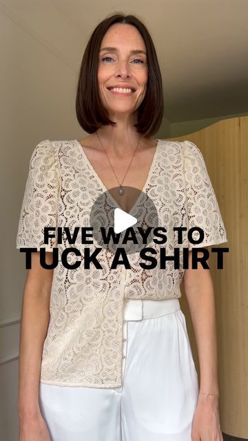 Isabelle Handley-Allen on Instagram: "My much requested guide to how to tuck your shirt.   1. The wrap and tuck - the one I’m always asked about. This works best with a more fluid fabric. Avoid poplins as it will look too messy.   2. The fold and tuck - this one is perfect for tuck anything dark or heavy into light bottoms. You can see in the video that you can’t see the black t-shirt grinning through my white trousers.   3. The gather and tuck - so handy for making those oversized/relaxed shirts and blouses smarter. You get a blousing out at the back, but I don’t mind that.   4. The half tuck - particularly handy if you’re bloated. It still shows your waist, but the drape at the front masks a tummy or bloat very well.   5. The French tuck - some people think this is messy but I like it fo Wrapped Shirt Outfit, Tuck In Dress Shirt Women, Untucked Blouse Work Outfit, When To Tuck In Shirt Women, Tuck Shirt Into Skirt, Shirt Tucked Into Bra Outfit, How To Wear Blouse, Different Ways To Tuck In A Shirt, Styling A Blouse