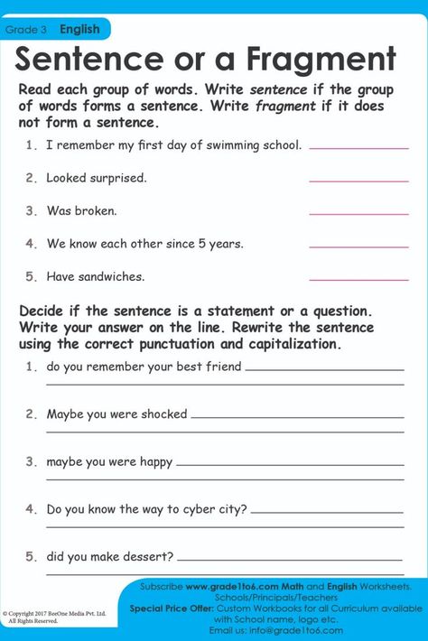 These worksheets from www.grade1to6.com focus on the distinctions between sentence fragments and full sentences and the writing of simple sentences Subscribe to www.grade1to6.com for just $25 a year to get 6000 plus Maths and English worksheets for Grade 1 to Grade 6 #mathworksheets #schoolprincipals #englishworksheets English Worksheets For Grade 1, Free English Worksheets, Worksheets For Grade 1, Sentence Fragments, Creative Worksheets, Addition Kindergarten, Swim School, Word Form, Simple Sentences