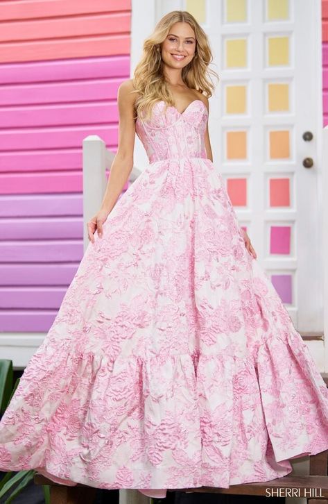 Bridesmaid Dresses | Sherri Hill Pink Strapless Prom Dress, Floral Ballgown, Formal Prom Dresses Long, Sherri Hill Prom, Strapless Prom Dress, Princess Sleeves, Sherri Hill Prom Dresses, Prom Long, Prom Dress Stores