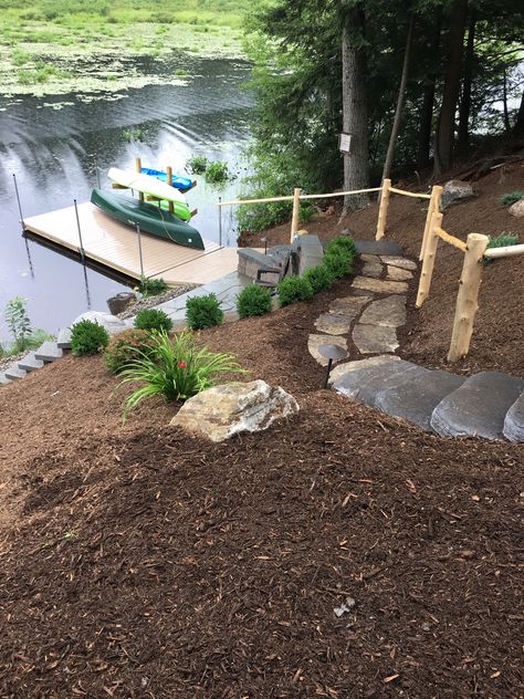 River Docks Ideas, Lake House Landscaping Ideas Backyard, Outdoor Lake Living, Dock Landscape Design, Steep Lakefront Landscaping, Path To Lake Ideas, Lakeside Landscape Design, Lake Home Landscaping Ideas, River Lot Ideas