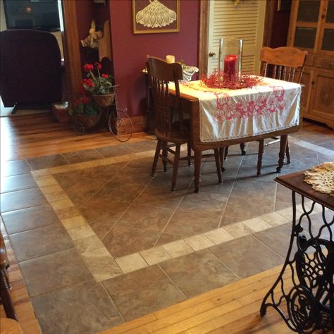 Rug Under Dining Room Table, Wood And Tile Floor, Rug Under Kitchen Table, Botanical Kitchen, Dining Room Floor, Tile Design Pattern, Tile Rug, Floor Ideas, Country Antiques