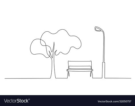 Bench Tattoo Ideas, One Line Tree, Bench Tattoo, School Playground Design, Bench In Park, Continous Line Drawing, Tree Line Drawing, Bench Drawing, Park Drawing