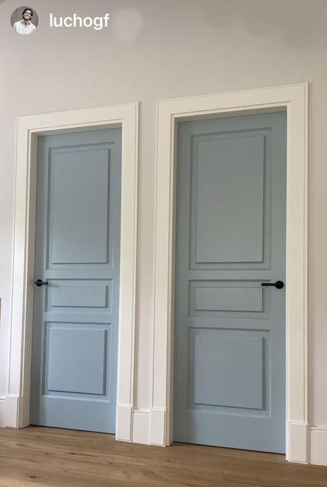 Colored Door White Trim, Painted Interior Doors Blue Gray, Colored Doors Inside House, Blue Inside Door, Colorful Interior Doors Hallways, Blue Door Bedroom, Different Colored Doors Interior, Door And Frame Different Color, Blue Grey Doors Interior