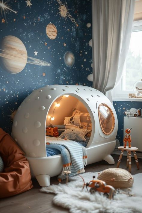 Step into a world of wonder with these Toddler Boy Bedroom Ideas. Each design is a whimsical journey to a land of imagination and joy. Space Rooms For Boys, Boys Room Theme Ideas, Space Theme Toddler Room, Fairy Tale Bedroom Ideas, Cool Boy Bedroom Ideas, Boys Room Space Theme, Space Room Aesthetic, Funny Beds, Space Bedroom Boys