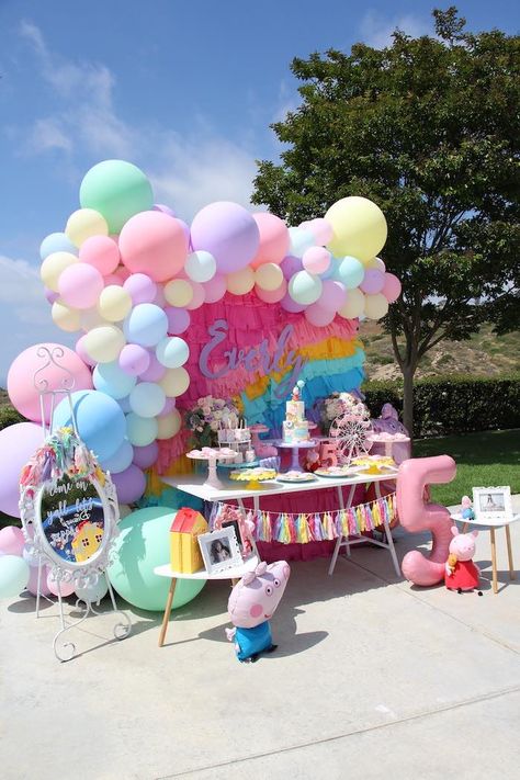 Pastel Rainbow Peppa Pig Themed Dessert Table from a Peppa Pig Birthday Party on Kara's Party Ideas | KarasPartyIdeas.com (9) Peppa Pig Balloon Garland, Pastel Rainbow Color Palette, Tassel Backdrop, Peppa Pig Birthday Decorations, Peppa Pig Balloons, Peppa Pig Birthday Party Decorations, Peppa Pig Decorations, Rainbow Color Palette, Peppa Pig Wallpaper