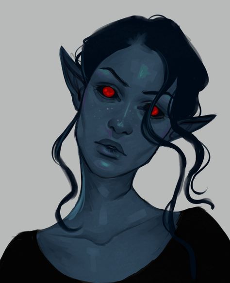 Skyrim Oc Art Female, Blue Skin Character Art, Dusk Elf Dnd, Drow Oc Art, Red Eye Character, Dunmer Oc, Female Drow Dnd, Dnd Character Design Ideas, Drow Character Design