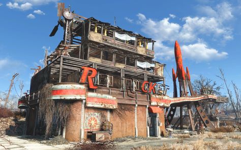 Red rocket truck stop fallout 4 Fallout 4 Base Ideas, Fallout 4 Red Rocket Settlement, Fallout 4 Settlement Builds, Red Rocket Fallout, Fallout Architecture, Fallout Buildings, Fo4 Settlements, Fallout Miami, Mech Head