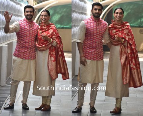 Newlyweds Deepika Padukone & Ranveer Singh in coordinating outfits! Deepika Padukone In Salwar Suit, Beige Salwar Suit, Deepika Padukone Salwar Suits, Banarsi Suit Design Latest, Banarsi Suit Design, Sabyasachi Dresses, Deepika Padukone Ranveer Singh, Suits Design Latest, Deepika Padukone And Ranveer Singh