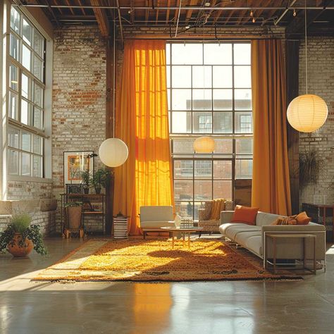 Industrial Edge Living Room Makeover with Bold Drapery Designs • 333+ Art Images Curtains For Industrial Living Room, Industrial Style Curtains Living Room, Brick Apartment, Columns Decor, Brick Living Room, Slope House, Tile Cladding, Unique Curtains, Drapery Designs