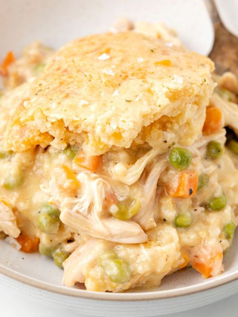 A bowl of this chicken dish with a fork beside it. Chicken Cobbler Recipe, Chicken Cobbler, Creamy Chicken Pot Pie, Chicken Pot Pie Filling, Cooking Chicken To Shred, Cobbler Recipe, Pot Pies Recipes, Chicken Pot Pie Recipes, Cobbler Recipes