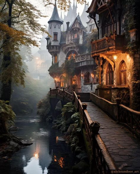 Rainy Castle Aesthetic, Fairytale Village Aesthetic, Fantasy Landscape Photography, Fantasy Places Art, Fantasy Inspiration Scenery, Fantasy Scenery Art, Dark Fall Decor, Fantasy Traveler, Fairytale Scenery