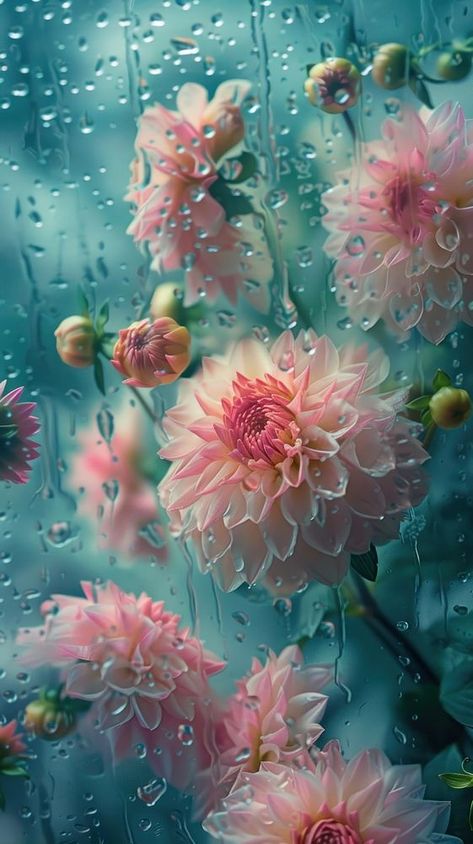 Rain scene with dahlias blossom flower nature. | free image by rawpixel.com Foggy Window Flower Wallpaper, Rain Iphone Wallpaper, Iphone Wallpaper Rain, Rainy Flowers, Iphone Wallpaper Art, Flower Rain, Wet Flowers, Blogger Website, Art Pics