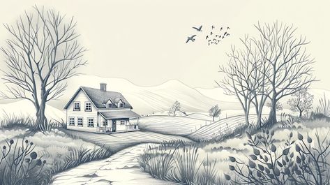 A black and white drawing of a farmhouse in a rural landscape with mountains in the distance and birds flying overhead Background Sketch, Mountains In The Distance, Landscape With Mountains, White Drawing, Rural Landscape, Business Card Maker, Poster Maker, Flyer Maker, Black And White Drawing