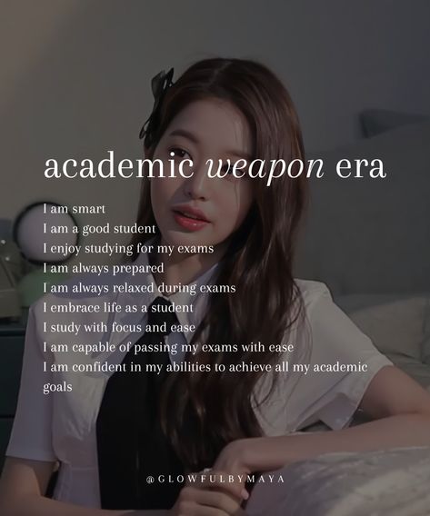 academic weapon affirmations • affirmations to shift your mindset and embrace the student life #study #selflove #highestvibration #highestself • glowfulbymaya Education Affirmations, Academic Affirmations, Affirmations Board, Pass My Exams, Life Study, Affirmation Board, Academic Goals, Good Student, Embrace Life