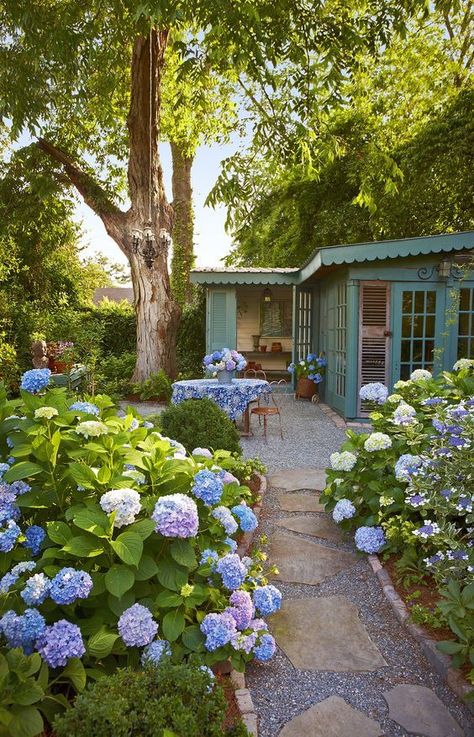 Creative Garden Projects, White Hydrangea Garden, French Hydrangea, Hydrangea Landscaping, Tattoo Plant, Growing Hydrangeas, Cottage Garden Design, Blue Hydrangeas, Hydrangea Garden