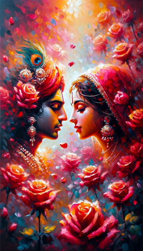 A beautifully in-love couple, feeling an overwhelming sense of divine love that's as beautiful and all-encompassing as flowers blooming everywhere. Radiating an aura as pure spreading its sweetness in every direction. Divine Couple, Krishna And Radha, Buddha Art Painting, Buddha Painting, Flowers Blooming, Divine Love, Cartoon Wallpaper Hd, Hindi Movie, Radha Krishna Art