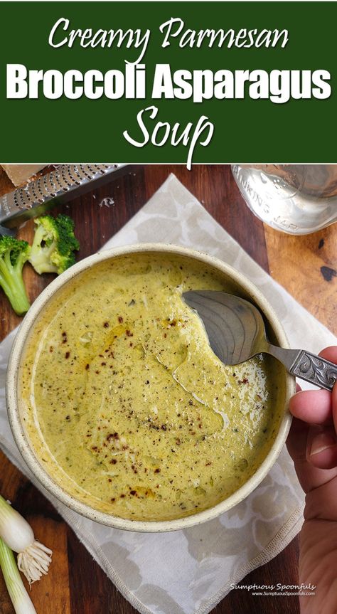 Spring in a Bowl: Creamy Parmesan Broccoli Asparagus Soup | Sumptuous Spoonfuls Spring Soup Recipes, Spring Soup, Broccoli Potato Soup, Spring Soups, Cream Of Asparagus Soup, Creamed Asparagus, Parmesan Broccoli, Cream Of Broccoli, Low Calorie Soup