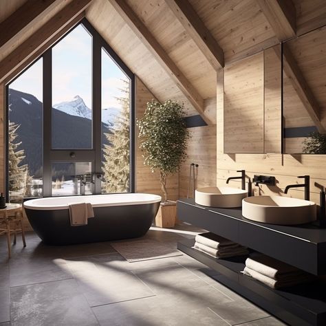 Modern And Wood Interior Design, Modern Ski House Bathroom, Modern Pnw Home, Modern Cabin In The Woods Interiors, Scandinavian Modern House Interiors, Wood House Interior Design, Mountain Modern Bathroom, Modern Nature House, Modern Nordic House