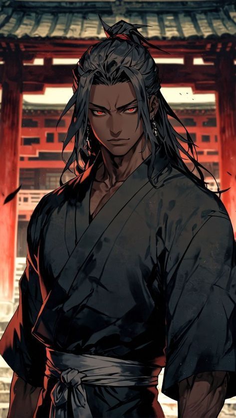 Henchmen Character Design, Badass Anime Guy, Demihuman Male, Samurai Ponytail, Black Male Anime Characters, Male Sorcerer Character Design, Black Male Character Art, Asian Character Design Male, Traditional Tattoos Japanese