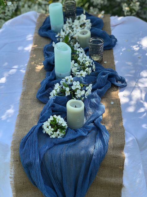 [Promotion] Ocean Blue Cheesecloth Table Runner Rustic Wedding Many Color Farmhouse Centerpiece Table Decor Cotton Modern Sheer Gift Wrap Beach Party Cheesecloth Table Runners Are Beautiful Decoration For Any Events - Weddings, Birthday Party, Christmas, Halloween, Easter Decorations. You Can Place Candles And Flower Centerpieces On Top Of The Cheesecloth Runners, Add Twinkle Lights In Front Of It. Drape It From Ceilings, Or Poles, Hang It From The Trees, #rusticweddingtabledecor Beach Table Setting Wedding, Navy Cheesecloth Table Runner Wedding, Blue Table Runner With Greenery, Farmhouse Party Table Decor, Blue Themed Wedding Centerpieces, Navy Blue Rustic Wedding Decorations, Beach Themed Wedding Reception Ideas, Blue Neutral Party Decor, Rustic Table Decor Party