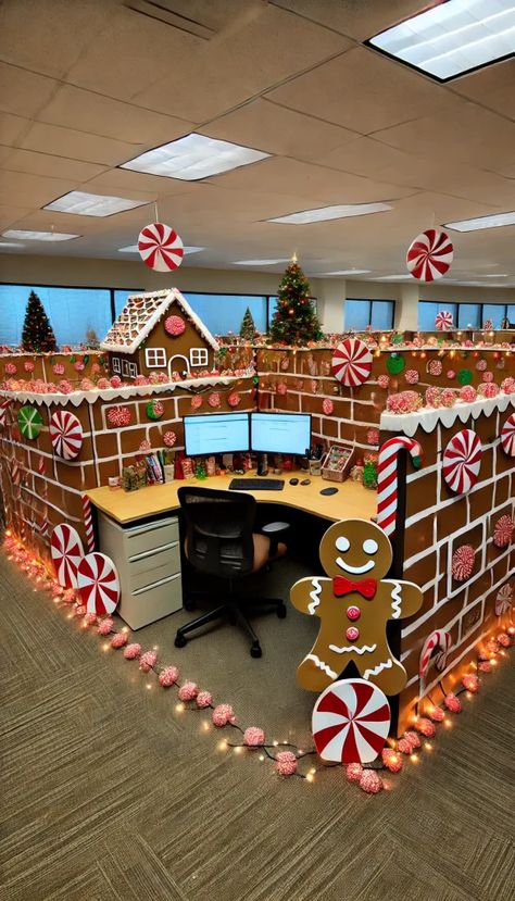 Cubicle Gingerbread House Office Decor, Office Desk Holiday Decor, Work Pod Christmas Decorations, Nurse Station Christmas Decorations, Call Center Christmas Decorations, Diy Holiday Office Decor, Cubicle Decorating Ideas For Christmas, Cubical Holiday Decor Office, Holiday Office Cubicle Decor