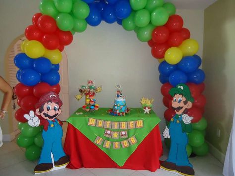 Mario Brothers- Morejon Brothers | CatchMyParty.com Mario Party Balloon Arch, Mario Birthday Balloon Arch, Super Mario Balloon Arch, Mario Balloon Arch, Mario Bros Birthday Party, Super Mario Brothers Party, Mario Brothers Birthday Party, Mario Kart Party, Mario Bros Birthday Party Ideas