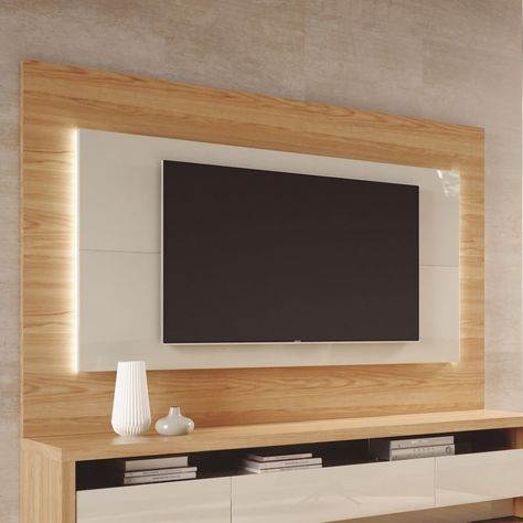 Manhattan Comfort 252451 - Sylvan 70.86" TV Panel w/ LED Lights in Nature Wood & Off White Tv Wall Decor Bedroom, Tv Wall Decor Ideas, Bedroom Tv Wall, Taman Air, Modern Tv Wall Units, Modern Tv Wall, Wall Tv Unit Design, Tv Panel, Living Room Tv Unit Designs