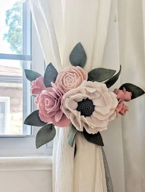 8 Different Ways to Tie Back Curtains - Curtains Up Blog | Kwik-Hang Curtain Tie Back Flowers, Curtain Holders Diy, Curtain Sheers Ideas, Flower Tie Backs For Curtains, Unique Curtain Tie Backs Ideas, Ways To Tie Back Curtains, Tied Back Curtains, Floral Curtain Tie Backs Wedding, Nursery Curtain Tie Backs