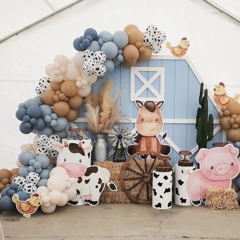 Shimmer & Confetti | How cute is this baby boy farm theme baby shower by @karens_decoration 🩵🩶💙🤍 . . . #shimmerandconfetti #babyshower #farmtheme… | Instagram Cow Farm Theme Birthday, Farm Shower Ideas, Farm Animal Balloon Garland, First Birthday Farm Animal Theme, Farm Animal 1st Birthday Party Boy, 1st Birthday Baby Boy Theme, Farm Theme Decor, 2nd Birthday Party Farm Theme, Farm Animals Birthday Party Decorations