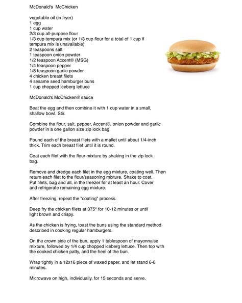 Mcdonald Recipes, Mcchicken Recipe, Diy Mcchicken, Mc Chicken Sauce Recipe, Mcchicken Sauce Recipe, Mc Chicken Recipe, Junior Chicken Mcdonalds Recipe, Mcdonald’s Recipes, Mcchicken Copycat Healthy