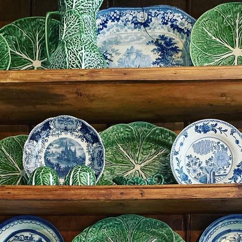 Kim E. Dowdle on Instagram: "I am still enjoying all of this cabbage ware on our hutch and…this tray 😍. It’s available in the web-shop and more is on the way. Have a wonderful Thursday! #plateandplaid #hutch #pinehutch #collection #cabbageware #blueandwhite" Cabbage Plates Display, Cabbageware Tablescape, Cabbage Plates Table Settings, Blue Willow Plates On Wall, Dishes Display, Have A Wonderful Thursday, Wonderful Thursday, Liberty Blue Dishes, Cabbage Ware