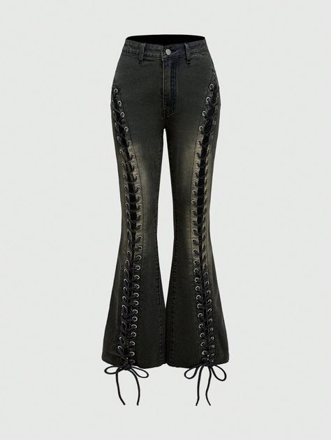 Sexy Y2K Low-Rise Laced Eyelet Detail Skinny Flare Jeans Black Casual   Woven Fabric Plain Flare Leg High Stretch  Women Clothing, size features are:Bust: ,Length: ,Sleeve Length: Y2k Fashion Trends, Flare Jeans Black, Diamond Birthday, Men's Denim Style, Stile Hip Hop, Retro Mode, Grunge Punk, Vintage Mode, Womens Tights