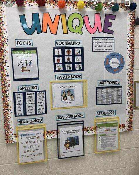 Uls Unique Learning System Bulletin Board, Life Skills Room Setup, Self Contained Classroom Bulletin Board, Unique Learning System Bulletin Board, Moderate Severe Classroom Ideas, Special Ed Bulletin Boards, Bulletin Board Ideas Special Education, N2y Unique Learning System, Unique Curriculum Special Education