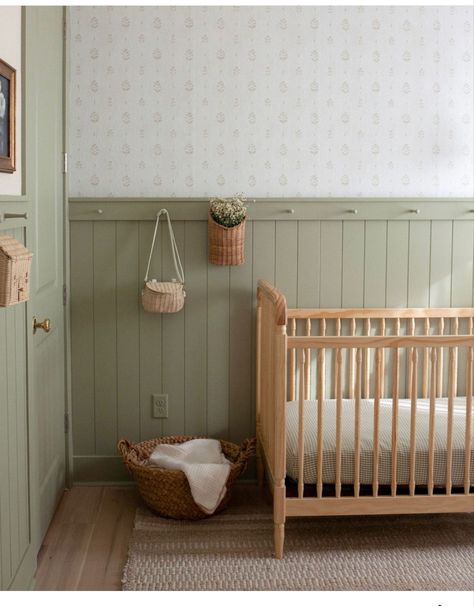 Cottage Core Wainscoting, Wood Panelling Walls Nursery, Half Wallpaper Nursery Wall, Nursery With Wood Paneling, Sage Green Beadboard Nursery, Tongue And Groove Panelling Nursery, Green Panel Nursery, Bead Board And Wallpaper Nursery, Nursery Wall Light