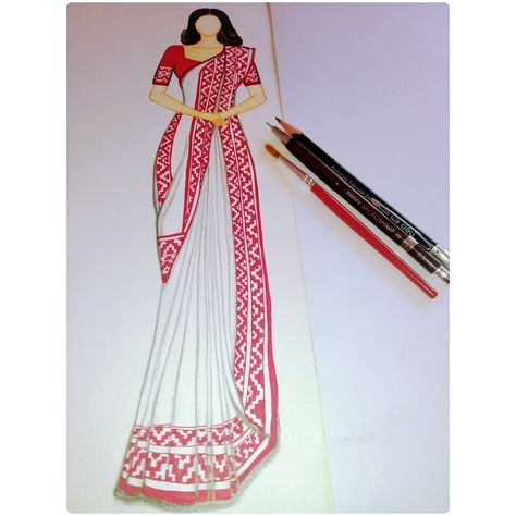 Bengali Saree Illustration, Saree Illustration, Illustration Dress, Illustration Poses, Fashion Model Drawing, Bengali Saree, Fashion Illustration Poses, Easy Mandala, Bengali Art