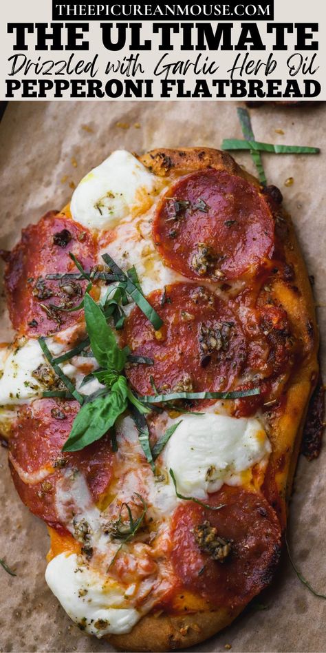 This super simple pepperoni flatbread pizza bakes up in just 10 minutes. Chewy store-bought flatbread brushed with a homemade garlic and herb oil, then topped off with tomato sauce, melted mozzarella, nutty parmesan cheese, crispy pepperoni and fresh basil. Pepperoni Flatbread, Crispy Pepperoni, Flatbread Pizza Recipes, Herb Oil, Homemade Flatbread, Cheese Flatbread, Flatbread Recipes, Pizza Recipes Homemade, Flatbread Pizza