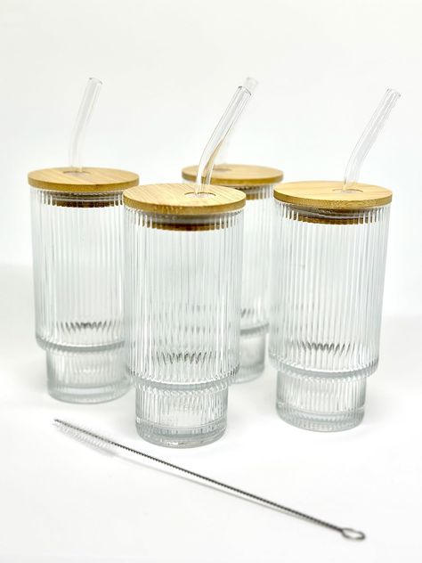 PRICES MAY VARY. Elegant Glassware Set: Enhance your coffee bars and home with this charming glass cup set. Includes 4 drinking glasses, cleaning brush and 4 cute glass straws with lids for a delightful experience. Vintage Aesthetic: Add a touch of vintage charm with this set of 4 cocktail glasses. The glass cups with lids and straws are ideal for iced coffee, cocktails, and refreshing beverages. Versatile Drinkware Collection: Perfect for lattes, highball cocktails, iced coffee, and more. This Aesthetic Cups With Straws, Amazon Glass Cups, Water Glasses Aesthetic, Glass Cups With Lids, Cute Glass Cups With Straws, Aesthetic Drinking Glasses, Cute Glassware, Drinking Glass Design, Ribbed Glassware