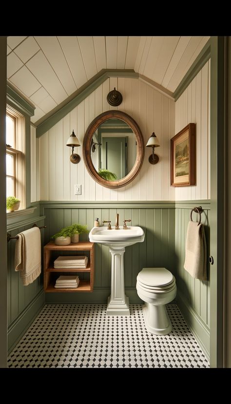 20 Inspiring Farmhouse Rustic Bathroom Ideas to Transform Your Space 🛁✨ - Laugh Lore Sage And White Bathroom, Green Beadboard Bathroom, Vintage Small House, Bathroom Remodel Vintage, Checkered Bathroom, Farmhouse Rustic Bathroom, Bathroom Beadboard Ideas, Bathroom With Pedestal Sink, Small Vintage Bathroom