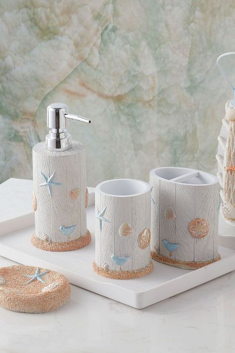 Bring the Ocean to your bathroom with this bathroom accessory set. Seashell Bathroom, Bathroom Tumbler, Toothbrush And Toothpaste Holder, Toothpaste Holder, Toothbrush Toothpaste, Soap Pump Dispenser, Bathroom Accessories Sets, Bath Accessories Set, Bathroom Accessory Sets