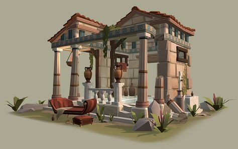 Greek Bath House, Margot Vandenbussche on ArtStation at https://www.artstation.com/artwork/68n8qW Ancient Greek Buildings, Greek Buildings, Greece Architecture, Mount Olympus, Greek House, Greek Culture, Art Courses, Bath House, Ancient Greek