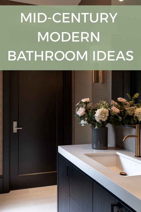 Mid-century modern bathroom with dark cabinetry and floral arrangement. Midcentury Modern Powder Room Ideas, Small Mcm Bathroom, Mid Century Boho Bathroom, Bathroom Ideas Mid Century Modern, Midcentury Bathroom Design, Mid Century Modern Bathroom Ideas, Modern Powder Room Ideas, Mcm Bathroom, Modern Powder Room