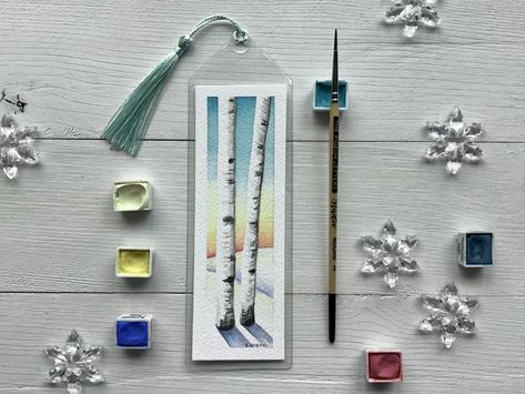 Tree Bookmark, Bookmark Watercolor, Diy Bookmark, Light Blue Paints, 8th Grade Art, Aspen Tree, Bookmark Ideas, The Pigeon, Watercolor Beginner