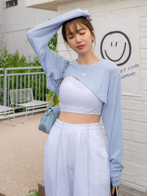 Long Sleeve Cropped Top Outfits, Baby Blue Outfit, Korean Summer Outfits, Korean Fashion Summer, Korean Fashion Outfits, Korean Girl Fashion, Crop Top Outfits, Blue Outfit, Girls Fashion Clothes