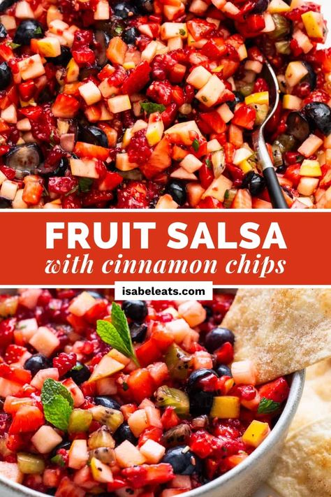 This fruit salsa is my go-to potluck and party dish that everyone loves. It's made with five different fruits, mint, and lemon juice! Fruit Salsa Recipe, Sweet Appetizer, Fresh Fruit Recipes, Cinnamon Chips, Fruit Salsa, Fruity Desserts, Dessert Dips, Fruit Dip, Fruit Dishes