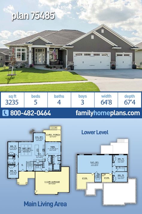 Craftsman, Ranch, Traditional House Plan 75485 with 5 Beds, 4 Baths, 3 Car Garage Three Car Garage Ranch House Plans, 5 Bedroom 3 Car Garage House Plans, Ranch With 3 Car Garage, 5 Bed House Floor Plan, 5 Bed Ranch House Plans, 5 Bedroom Split Level Floor Plan, House Plans 3 Car Garage Open Floor, Ranch Style Open Concept Floor Plans, Ranch House Plans With Butlers Pantry