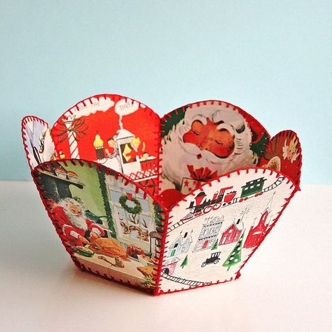 DIY Vintage Christmas Card Bowl--My mother had one of these made in the 50s.  Great way to make use of old Christmas cards. Link includes instructions. Diy Vintage Christmas, Old Christmas Cards, Recycle Christmas Cards, Card Basket, Retro Crafts, Vintage Christmas Crafts, Old Cards, Vintage Christmas Card, Greeting Card Craft