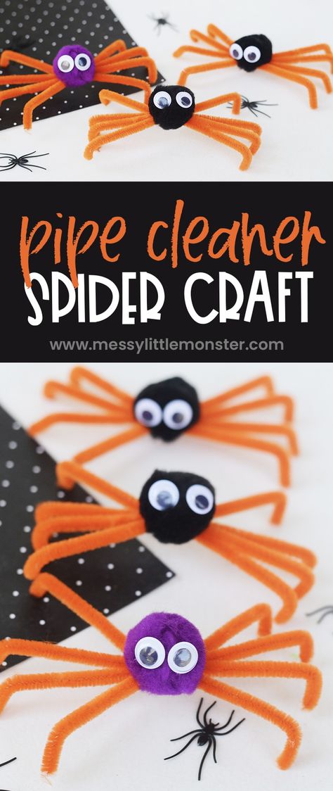 Pipe cleaner spider craft for kids. How to make a spider with pipe cleaners. Halloween Spider Art Preschool, Play Doh Spiders, Make Spiders For Halloween, Prek Spider Craft, Spider Kindergarten Craft, Kids Craft For Halloween, Fun Halloween Projects For Kids, Easy Spider Crafts For Preschool, Spider Craft Halloween