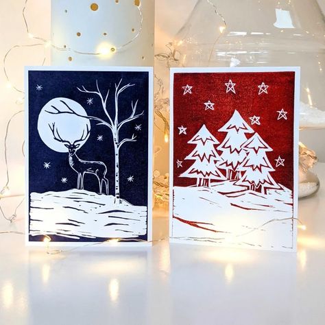 Lino Print Christmas, Lino Print Pattern, Diy Stamps, Trees Beautiful, Holiday Cards Handmade, Christmas Blocks, Print Christmas Card, Lino Prints, Christmas Arts And Crafts