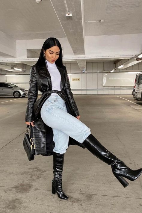 Black Leather Boots Outfit, Black Knee High Boots Outfit, Leather Boots Outfit, Heels Boots Outfit, High Heel Boots Outfit, Over The Knee Boot Outfit, Fall Boots Outfit, Black Boots Outfit, Winter Boots Outfits