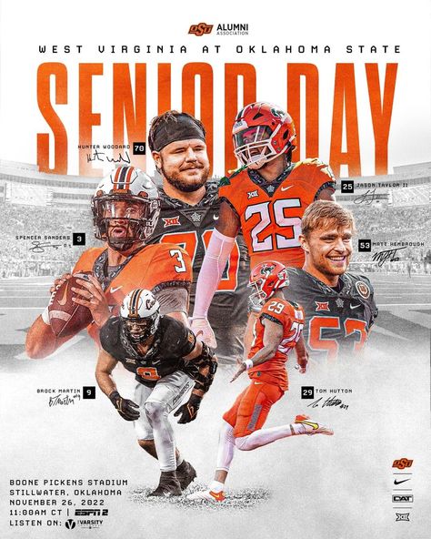 OSU Cowboy Football on Instagram: “𝙎𝙚𝙣𝙞𝙤𝙧 𝘿𝙖𝙮 Game 1️⃣2️⃣ Poster #DAT | #GoPokes” Senior Day Sports Graphics, Rival Game Posters Football, Game Day Design Poster, Sports Team Instagram Feed, Senior Night Graphic, Football Social Media Post, Football Game Day Graphics, Game Day Instagram Post, Senior Spotlight Ideas Instagram